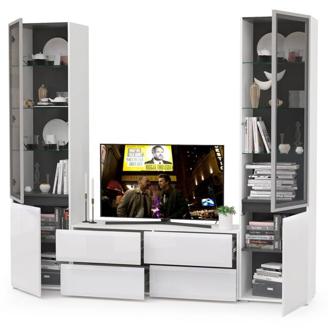 Стенка для гостиной со стеклянными фасадами Сидней № 11 цвет белый/чёрный/фасады МДФ белый глянец