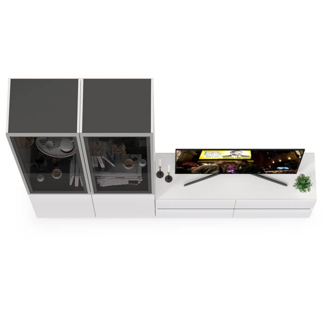 Стенка для гостиной со стеклянными фасадами Сидней № 11 цвет белый/чёрный/фасады МДФ белый глянец