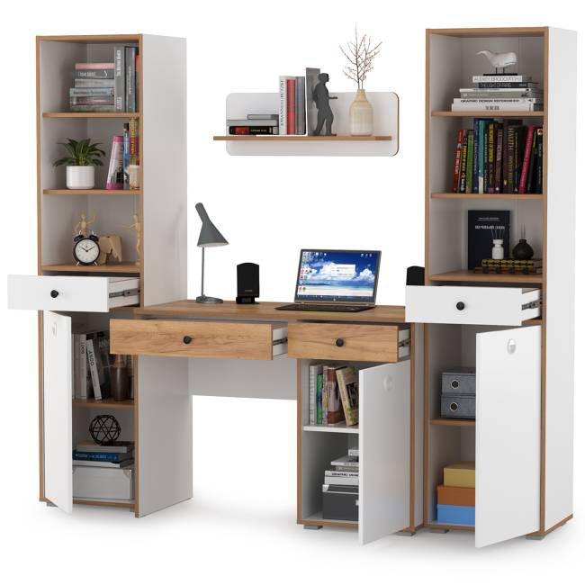 Стол компьютерный Вуди с навесной полкой и два пенала цвет белый премиум/дуб крафт золотой