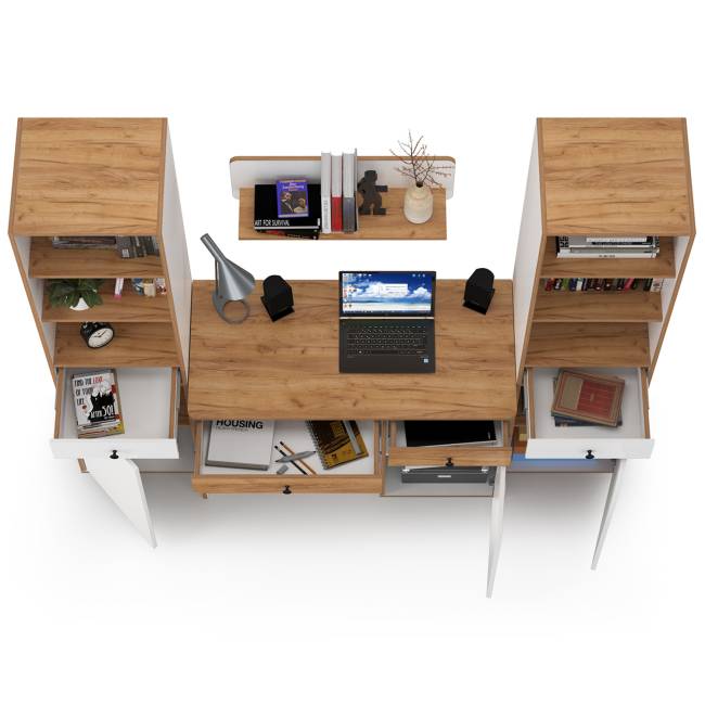 Стол компьютерный Вуди с навесной полкой и два пенала цвет белый премиум/дуб крафт золотой