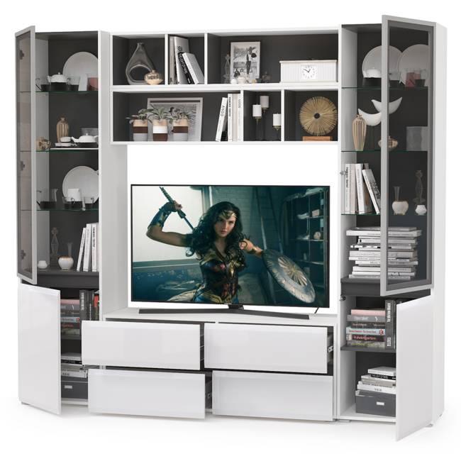 Сидней стенка для гостиной № 38 цвет белый/чёрный/фасады МДФ белый глянец