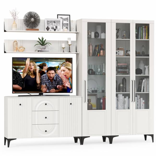 Тумба-комод и шкаф с тремя стеклянными дверками в гостиную Валенсия цвет белый шагрень Тумба-комод и шкаф с тремя стеклянными дверками в гостиную Валенсия цвет белый шагрень