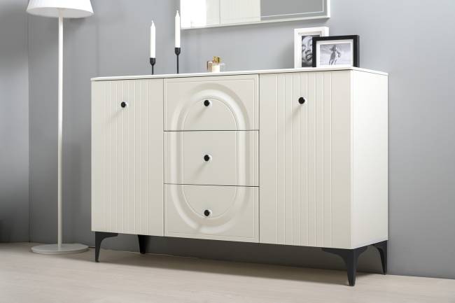 Тумба-комод и шкаф с тремя стеклянными дверками в гостиную Валенсия цвет белый шагрень Тумба-комод и шкаф с тремя стеклянными дверками в гостиную Валенсия цвет белый шагрень