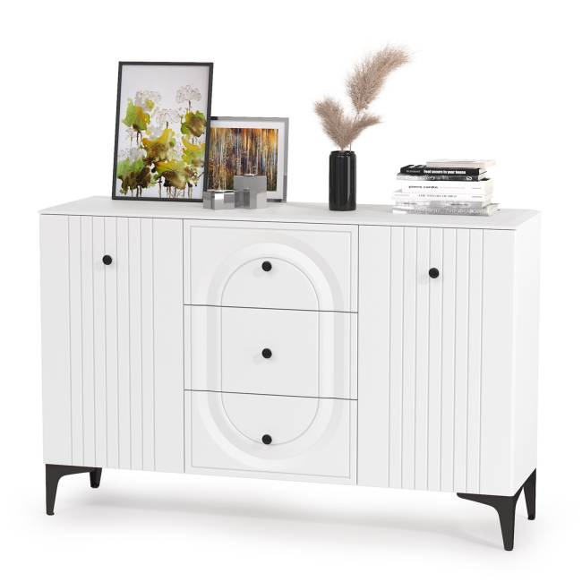 Тумба-комод и шкаф с тремя стеклянными дверками в гостиную Валенсия цвет белый шагрень Тумба-комод и шкаф с тремя стеклянными дверками в гостиную Валенсия цвет белый шагрень