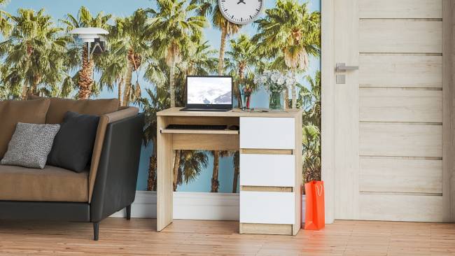 Стол компьютерный три ящика Мори МС-6 правый цвет дуб сонома/белый Стол компьютерный три ящика Мори МС-6 правый цвет дуб сонома/белый