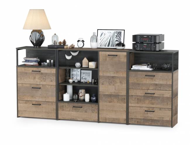 Два комода с ящиками и комод с дверкой и одним ящиком Трувор цвет дуб гранж песочный/интра Два комода с ящиками и комод с дверкой и одним ящиком Трувор цвет дуб гранж песочный/интра