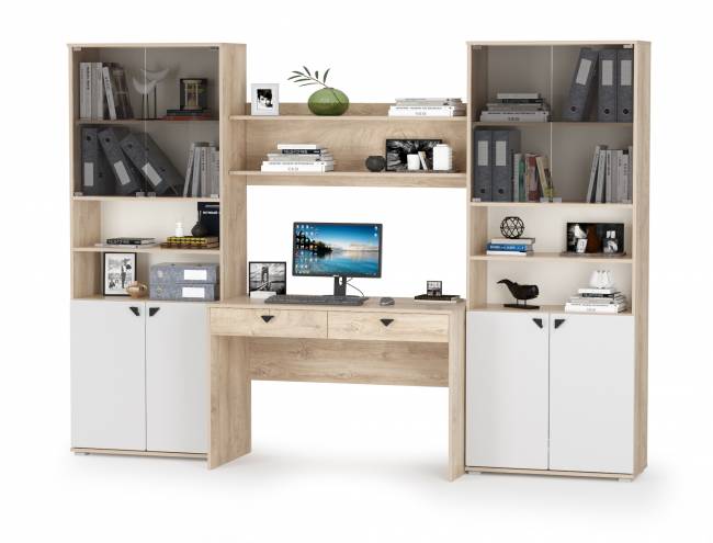 Стенка для домашнего офиса Бостон № 40 цвет дуб эндгрейн элегантный/фасады МДФ милк рикамо софт Стенка для домашнего офиса Бостон № 40 цвет дуб эндгрейн элегантный/фасады МДФ милк рикамо софт