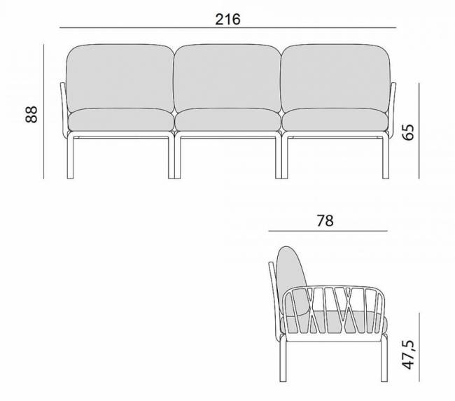 Диван пластиковый с подушками Komodo 3 антрацит, серый 2160х780х880 мм Диван пластиковый с подушками Komodo 3 антрацит, серый 2160х780х880 мм