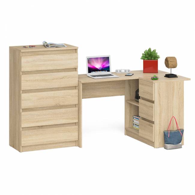Высокий комод 700 пять ящиков и угловой компьютерный стол МС-16 правый серии Мори цвет дуб сонома Высокий комод 700 пять ящиков и угловой компьютерный стол МС-16 правый серии Мори цвет дуб сонома