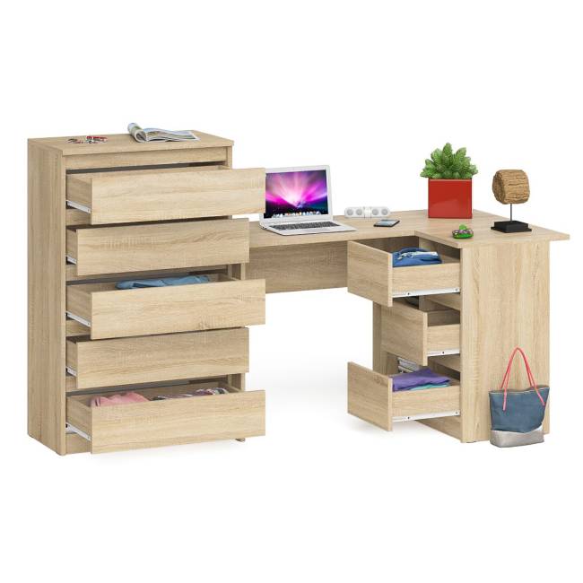 Высокий комод 700 пять ящиков и угловой компьютерный стол МС-16 правый серии Мори цвет дуб сонома Высокий комод 700 пять ящиков и угловой компьютерный стол МС-16 правый серии Мори цвет дуб сонома