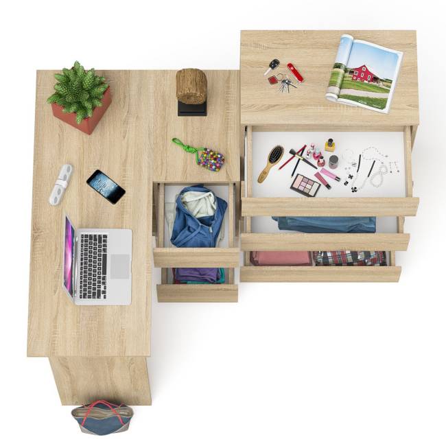 Высокий комод 700 пять ящиков и угловой компьютерный стол МС-16 правый серии Мори цвет дуб сонома Высокий комод 700 пять ящиков и угловой компьютерный стол МС-16 правый серии Мори цвет дуб сонома