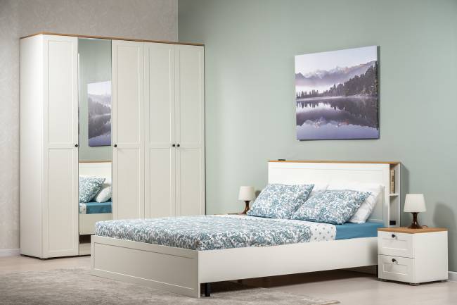 Кровать двуспальная 1600 Остин 11.53 цвет белый шагрень/дуб крафт золотой