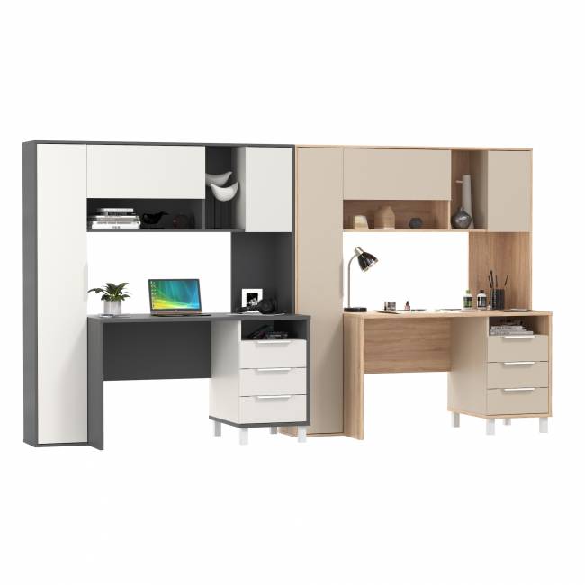 Два компьютерных стола с тумбой и надстройкой Комфорт 12.95N цвет дуб сонома/сатин/тёмно-серый/белый премиум Два компьютерных стола с тумбой и надстройкой Комфорт 12.95N цвет дуб сонома/сатин/тёмно-серый/белый премиум