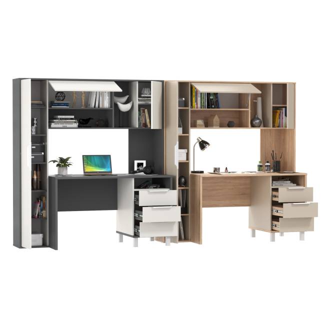 Два компьютерных стола с тумбой и надстройкой Комфорт 12.95N цвет дуб сонома/сатин/тёмно-серый/белый премиум Два компьютерных стола с тумбой и надстройкой Комфорт 12.95N цвет дуб сонома/сатин/тёмно-серый/белый премиум