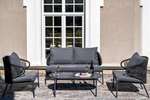 "Милан" лаунж-зона 4-местная плетеная из роупа (веревки), каркас алюминиевый темно-серый, роуп темно-серый "Милан" лаунж-зона 4-местная плетеная из роупа (веревки), каркас алюминиевый темно-серый, роуп темно-серый