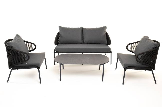 "Милан" лаунж-зона 4-местная плетеная из роупа (веревки), каркас алюминиевый темно-серый, роуп темно-серый "Милан" лаунж-зона 4-местная плетеная из роупа (веревки), каркас алюминиевый темно-серый, роуп темно-серый