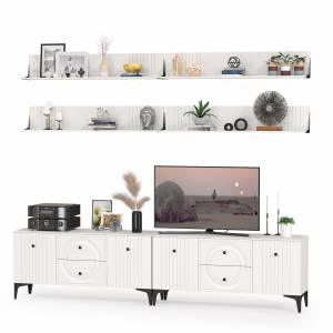 Две ТВ-тумбы и четыре навесных полки Валенсия цвет белый шагрень