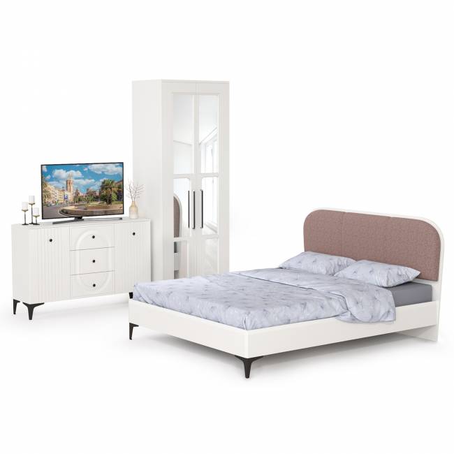 Двуспальная кровать 1600 с мягкой спинкой Валенсия с комодом и шкафом цвет белый шагрень/ткань велутто 19