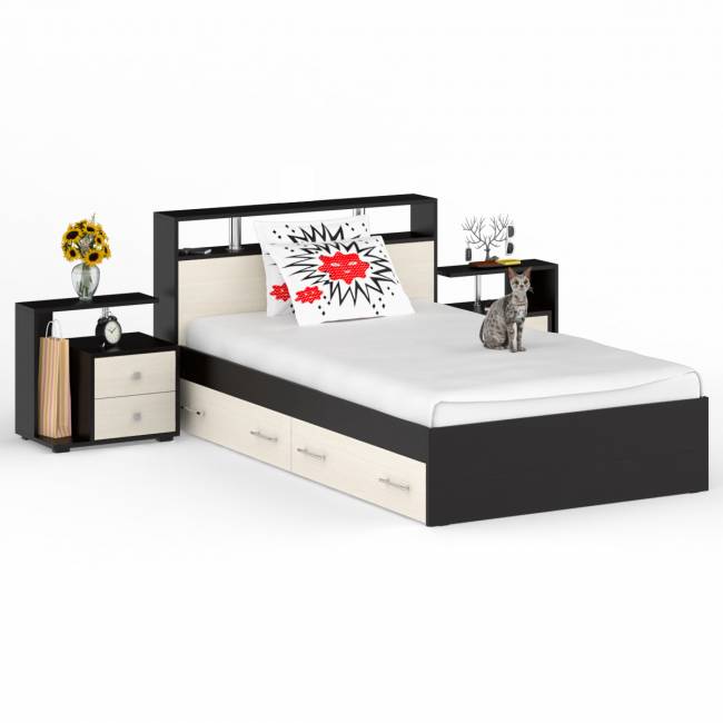 Кровать с ящиками 1200 Камелия + две тумбы цвет венге/дуб лоредо Кровать с ящиками 1200 Камелия + две тумбы цвет венге/дуб лоредо
