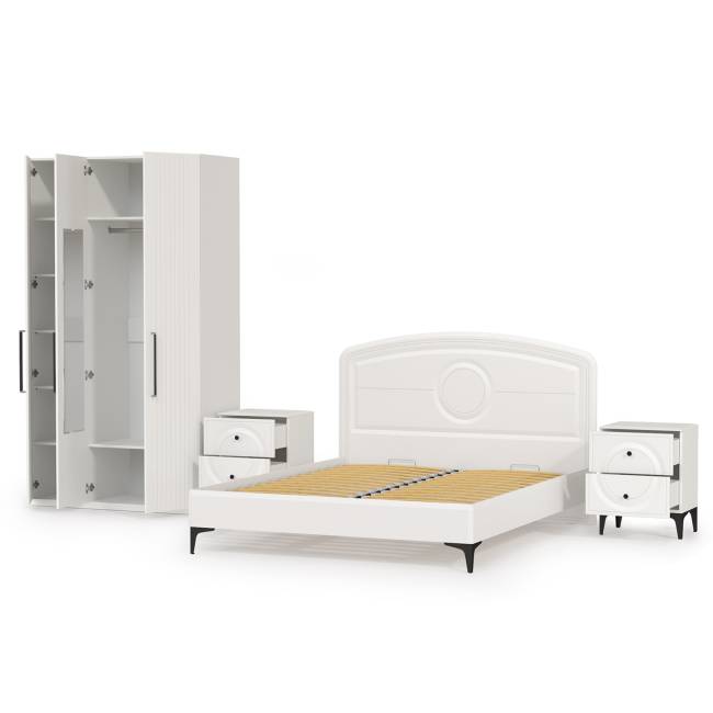 3-х дверный шкаф с кроватью на 1600 Валенсия и двумя тумбочками цвет белый шагрень