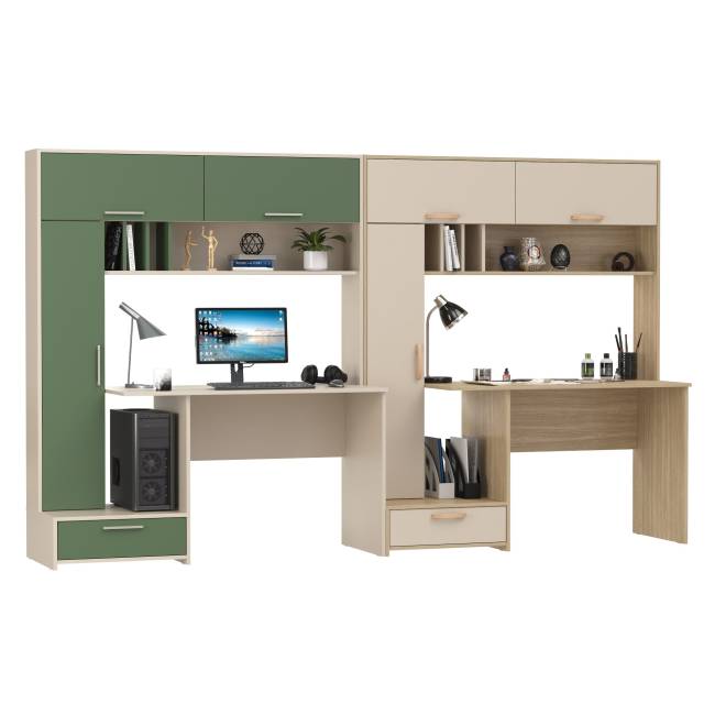 Столы письменные для двоих Лайт 03.243Н цвет сатин/дымчатый зелёный/плэйн/сатин