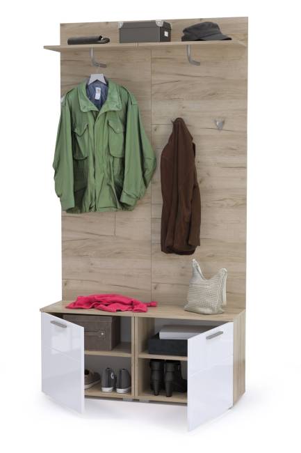 Тумбы для обуви с вешалками для верхней одежды Лайн цвет дуб крафт серый/фасады МДФ белый глянец Тумбы для обуви с вешалками для верхней одежды Лайн цвет дуб крафт серый/фасады МДФ белый глянец