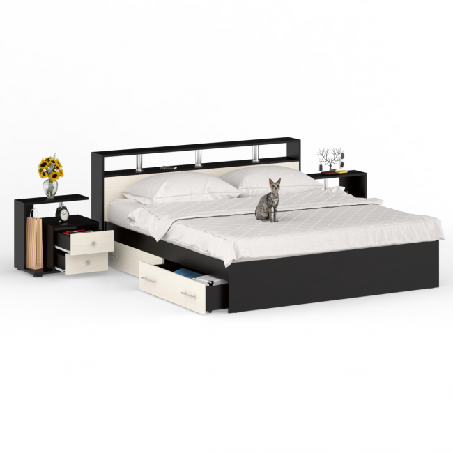 Кровать с ящиками 1800 Камелия + две тумбы цвет венге/дуб лоредо Кровать с ящиками 1800 Камелия + две тумбы цвет венге/дуб лоредо
