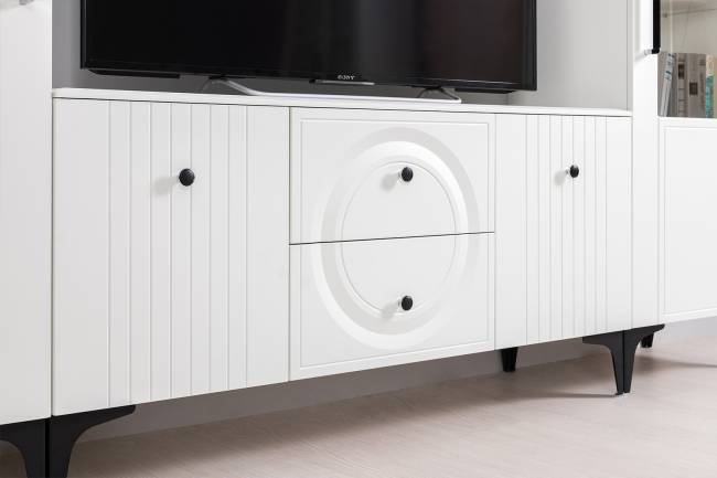 Две тумбы под аппаратуру и сервант Валенсия цвет белый шагрень Две тумбы под аппаратуру и сервант Валенсия цвет белый шагрень